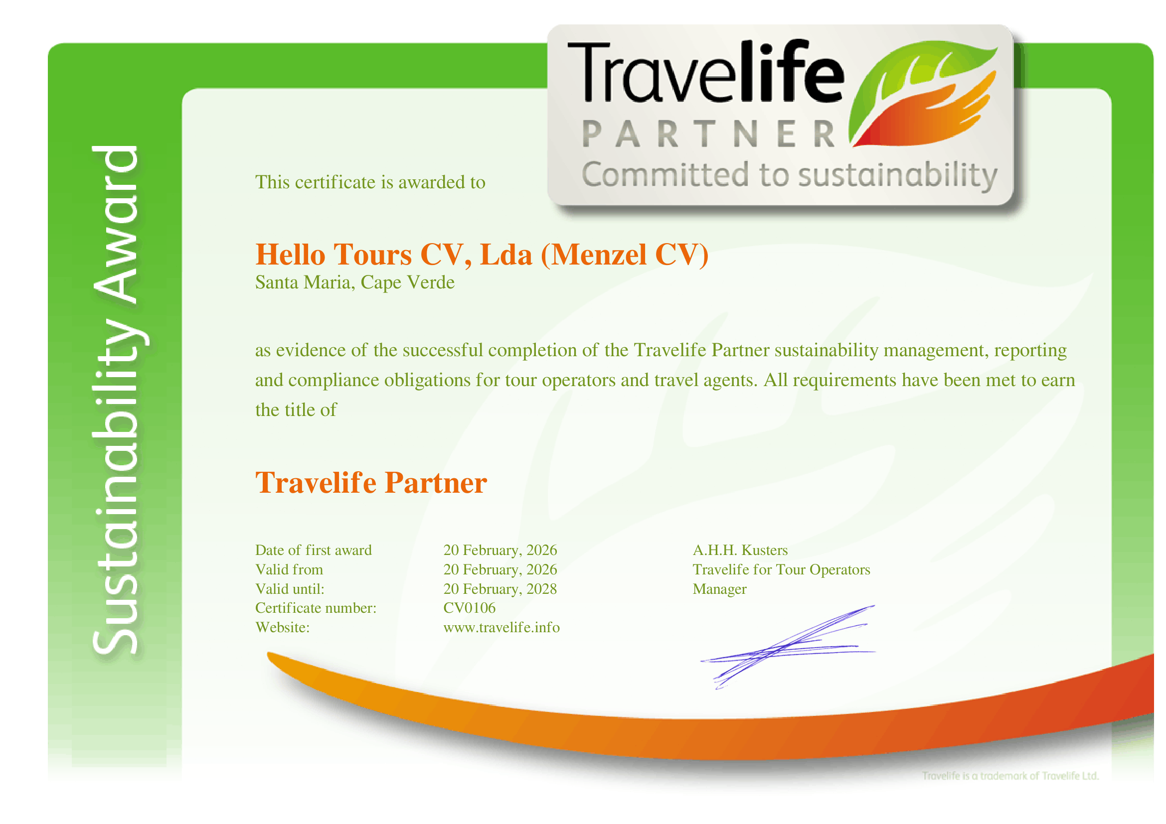 Travelife Partner Certificate